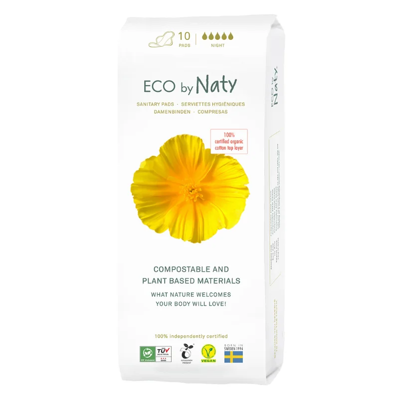 Гігієнічні прокладки Eco by Naty extra night plus нічні з крильцями, 5 крапель, 10 шт.