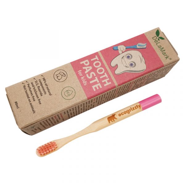 Комплект для детских зубов: зубная щетка Ecogrizzly и паста Delamark