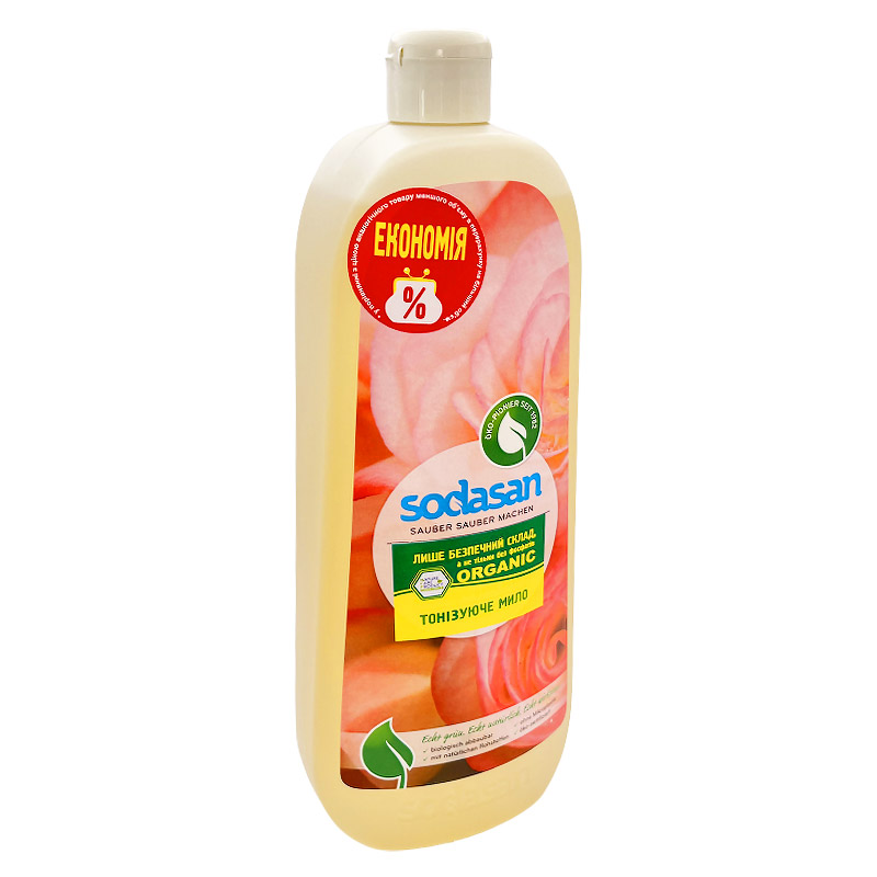 Органическое тонизирующее жидкое мыло SODASAN с розовым и оливковым маслами, 1 л